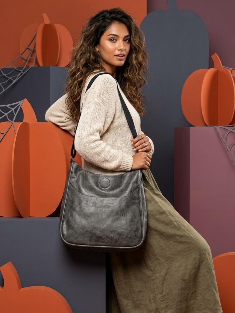 Ahdorned Classic Vegan Leather Black Gray Crossbody Bag